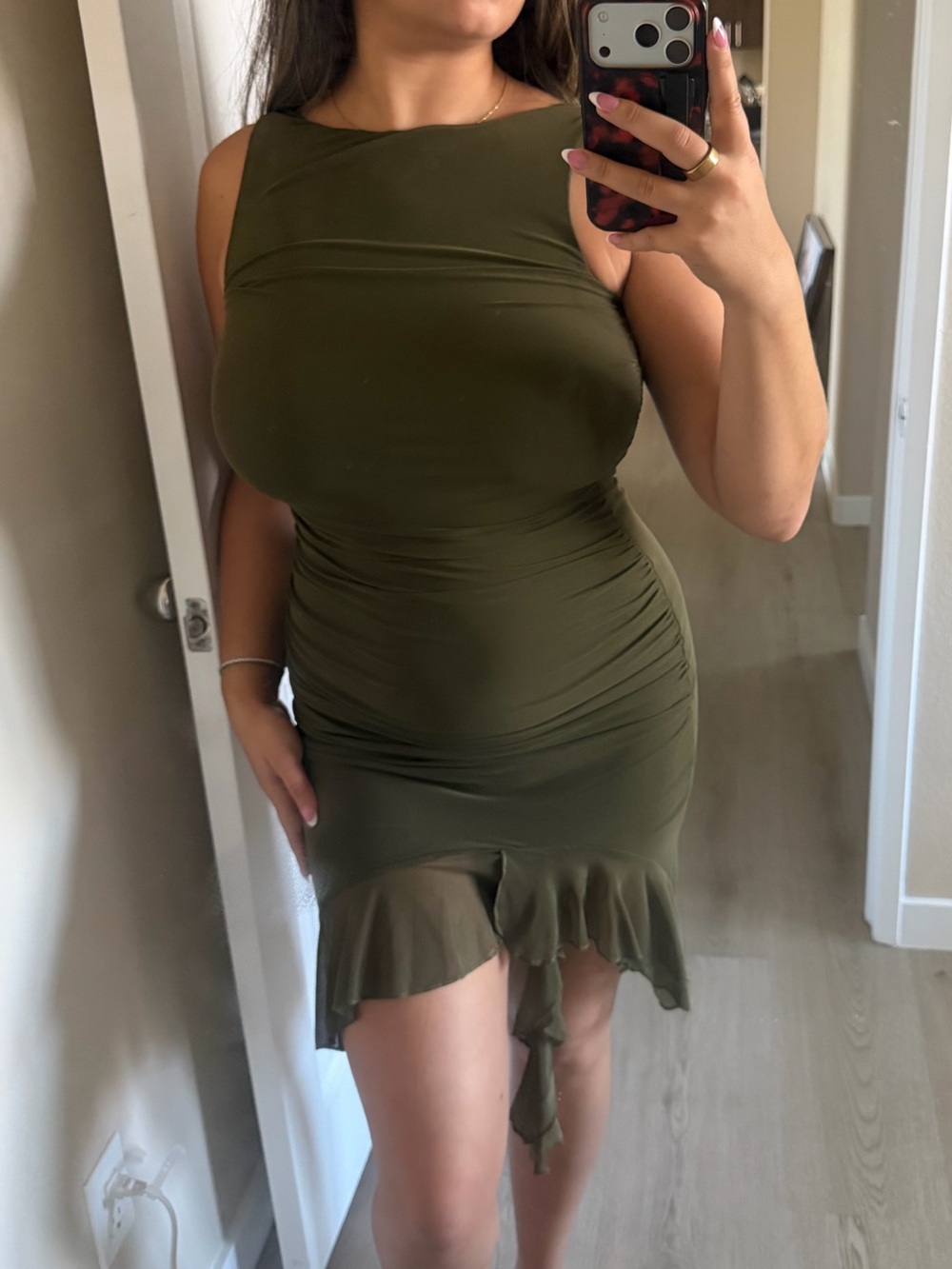 Olive Green Ruched Bodycon Dress - Women